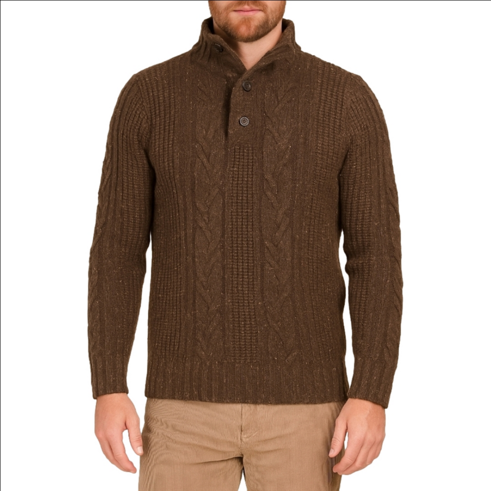 NEXT (UK)Luxury Cable knit front 3/4 button Neck Brown Sweater Sz L
